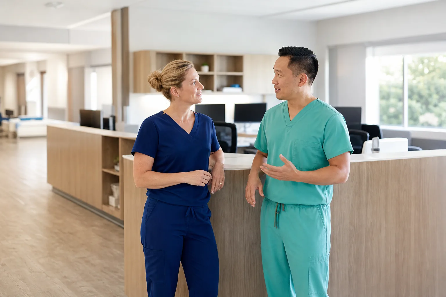 Two healthcare professionals talking at a unit workstation.