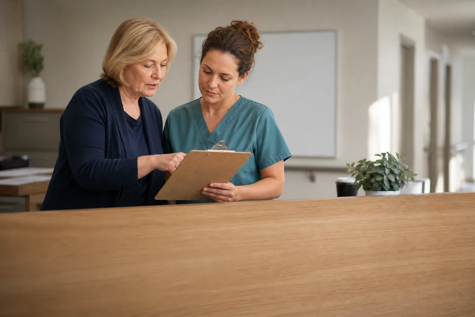 Two colleagues reviewing a clipboard together at a nurses' station.