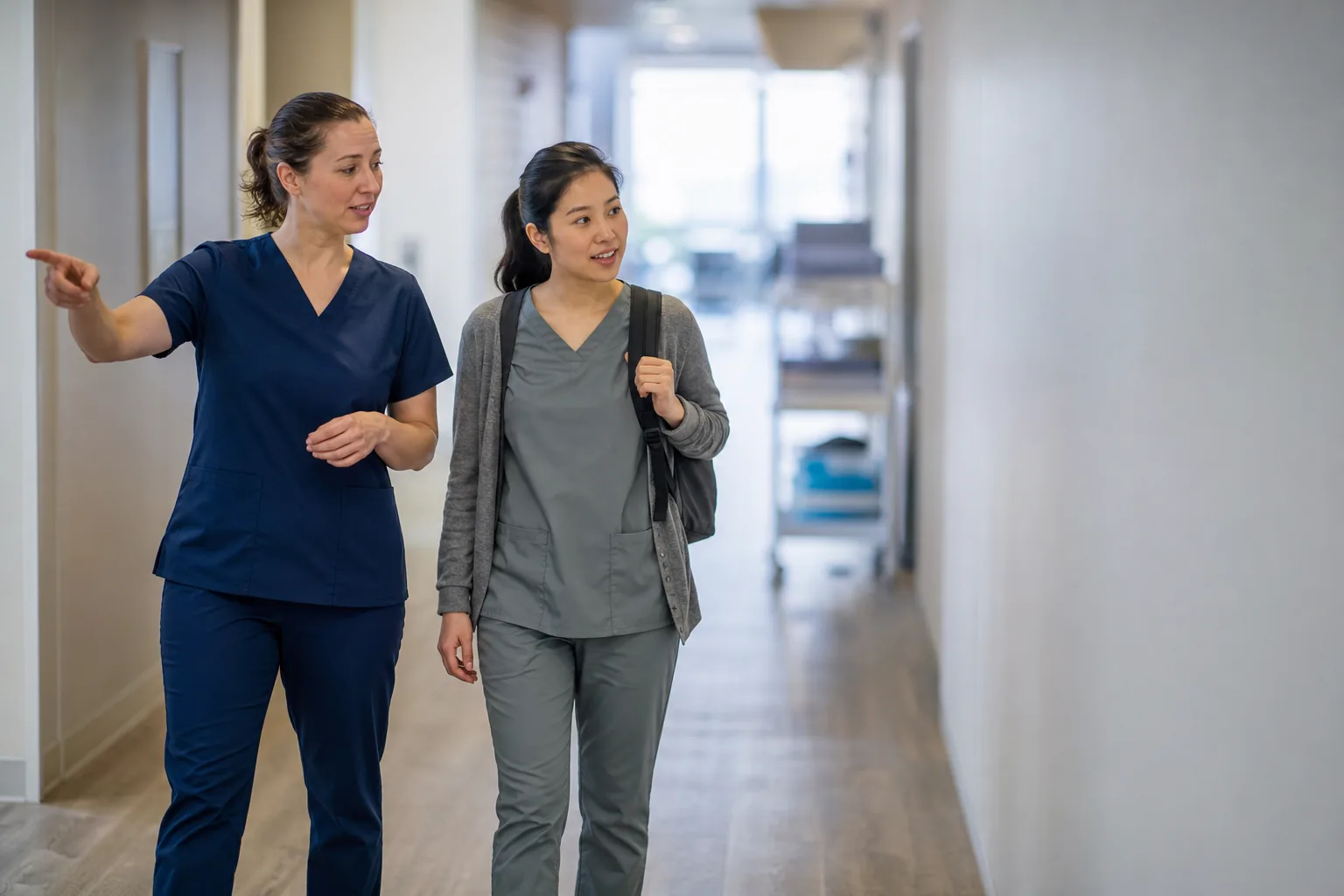 A healthcare professional welcoming a colleague at the start of a shift.