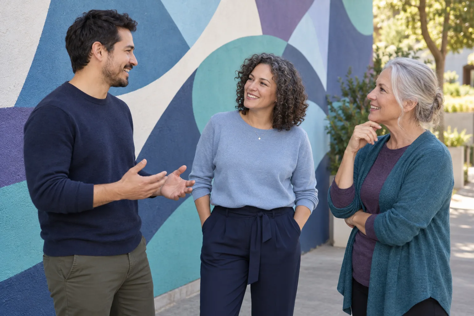 Three people talking outdoors in front of a colorful painted wall.