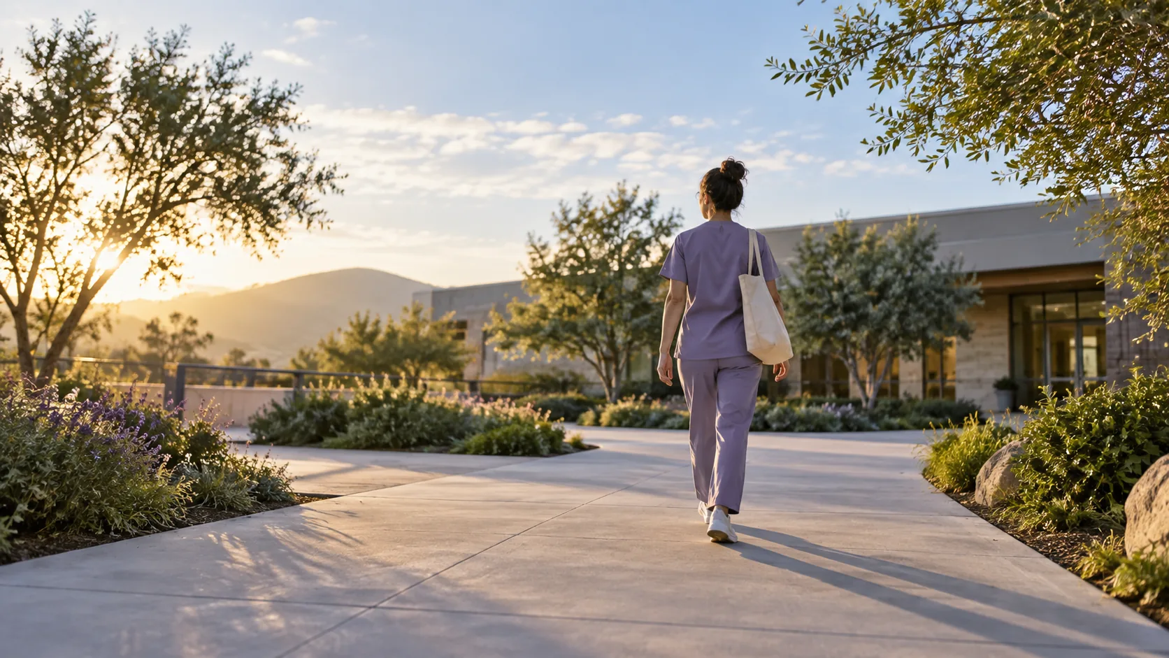 A person carrying a bag walks along a planted path toward a low building at sunset.