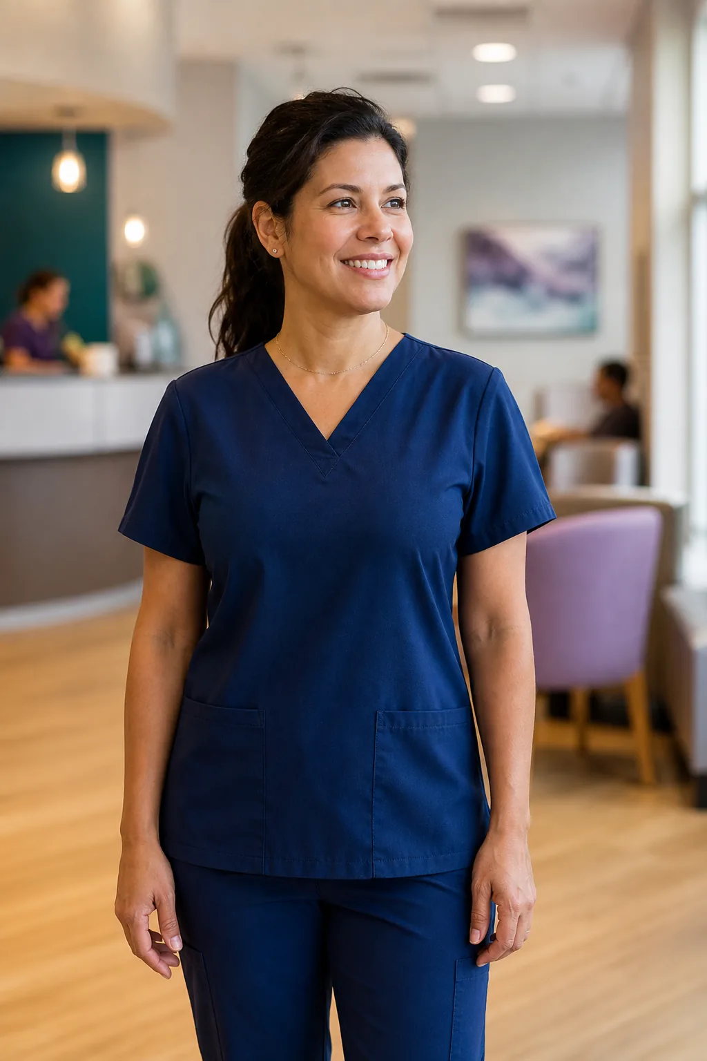 A healthcare professional standing in a bright clinic lobby.
